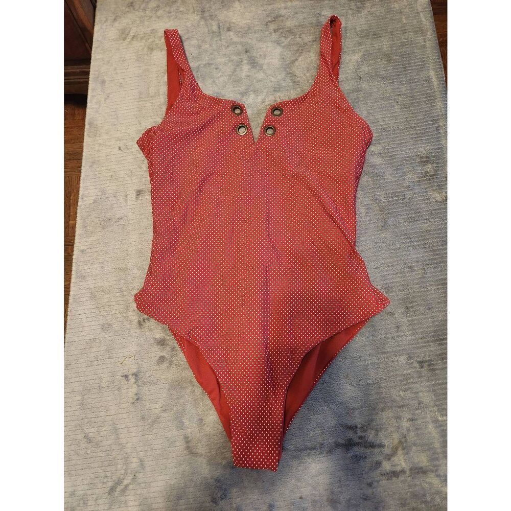 Roxy Women's Red Polka Dot Scoop Neck One Piece Swimsuit Size L